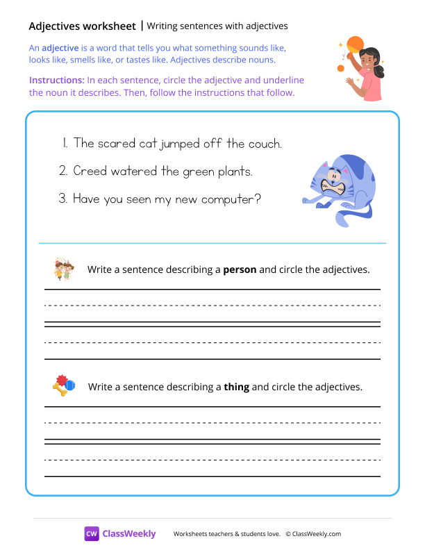 Writing sentences with adjectives - Ping Pong worksheet preview