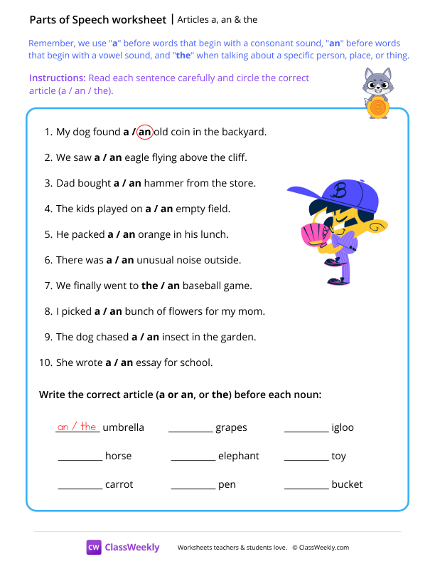 Articles a, an & the - Coin worksheet preview