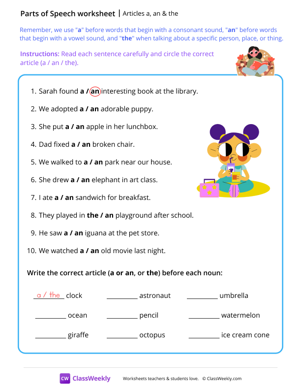 Articles a, an & the - Book worksheet preview