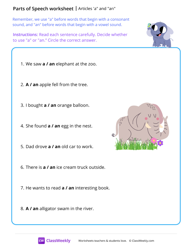 Articles 'a' and 'an' worksheet preview
