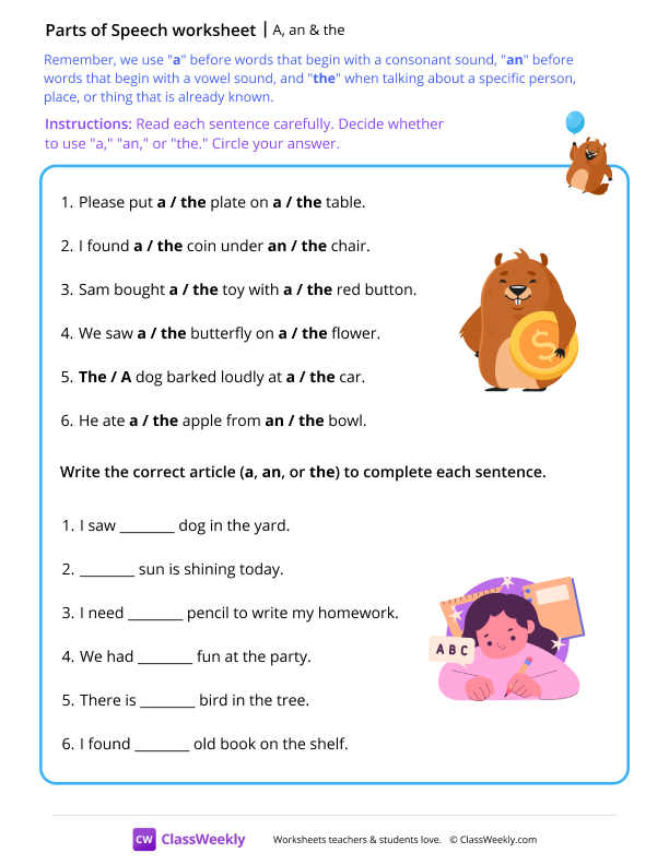 A, an & the worksheet preview