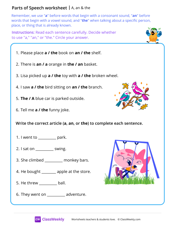 A, an & the - Parrot worksheet preview