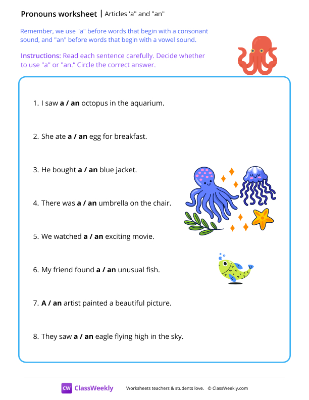 Articles 'a' and 'an' - Octopus worksheet preview