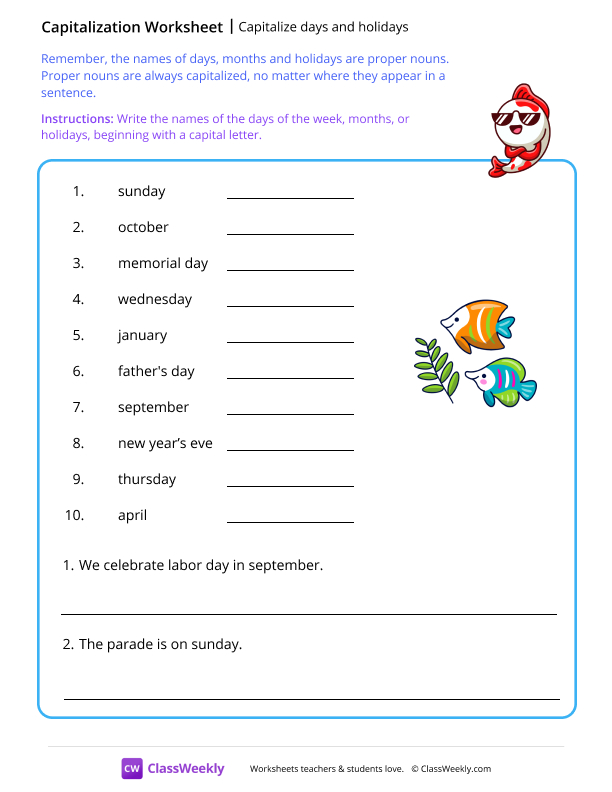 Capitalize days and holidays - Koi Fish worksheet preview
