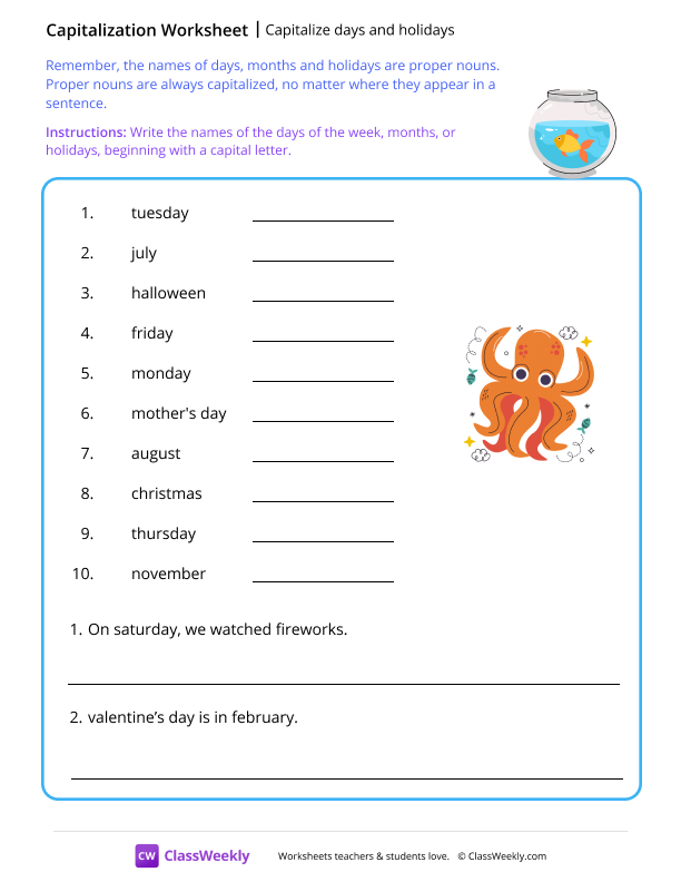 Capitalize days and holidays - Fish Bowl worksheet preview