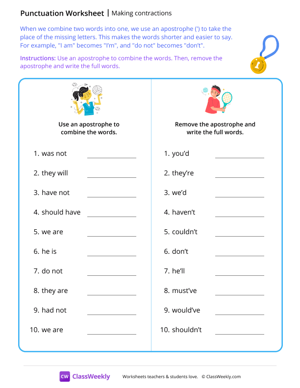 Making contractions - Medal worksheet preview