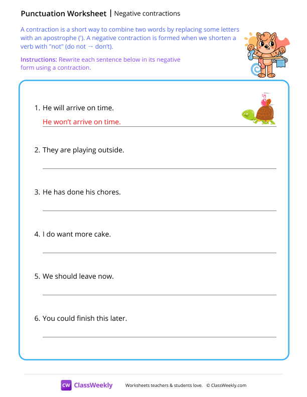 Negative contractions - Clean worksheet preview