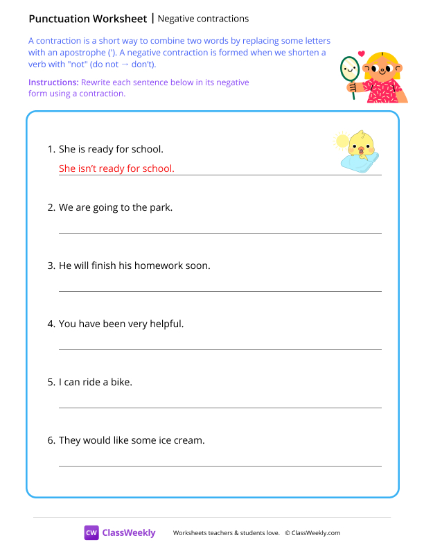 Negative contractions - Mirror worksheet preview
