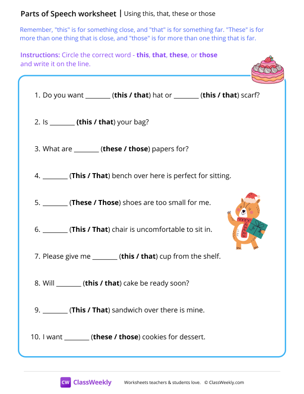 Using this, that, these or those - Cake worksheet preview