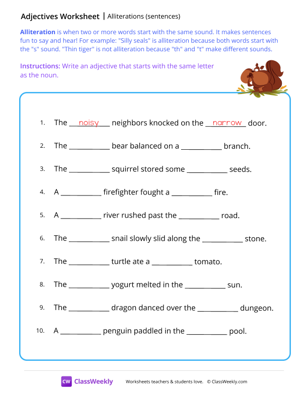 Alliterations (sentences) - Squirrel worksheet preview
