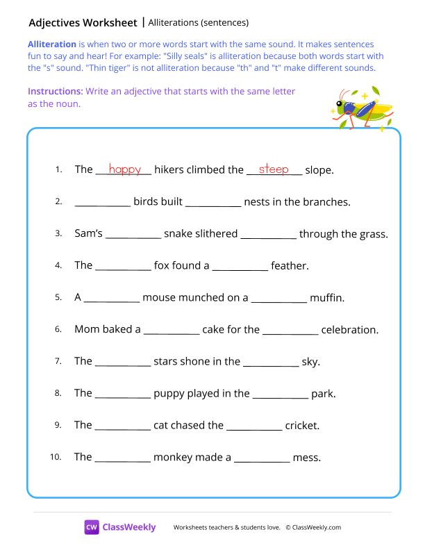 Alliterations (sentences) - Cricket worksheet preview