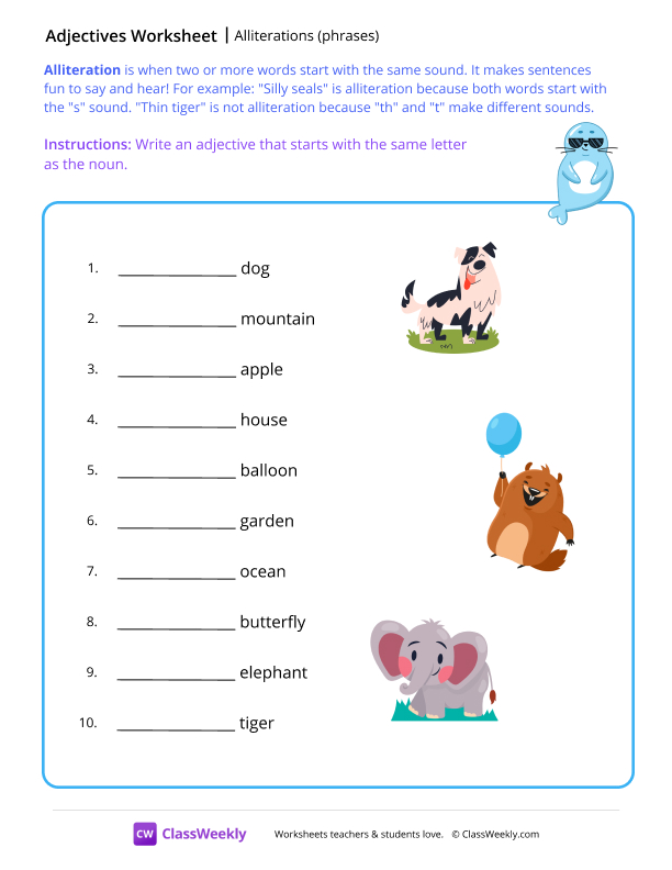 Alliterations (phrases) - Seal worksheet preview
