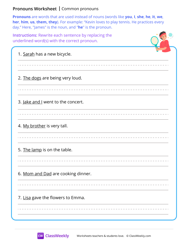 Common pronouns - Tennis worksheet preview