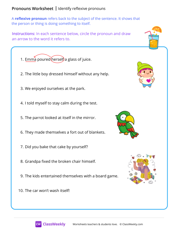 Identify reflexive pronouns - Juice worksheet preview