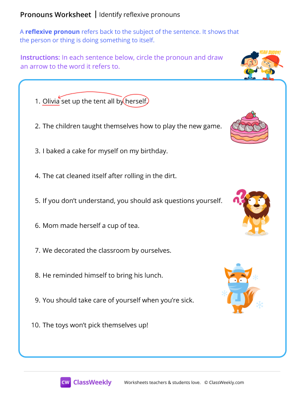 Identify reflexive pronouns worksheet preview