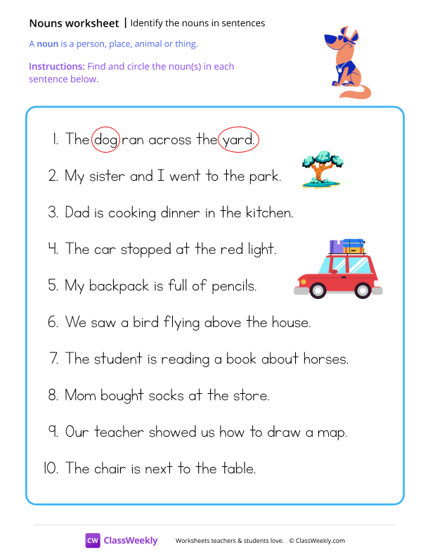 Identify the nouns in sentences - Dog worksheet preview