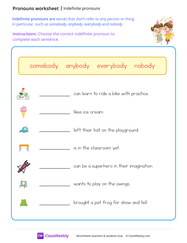 Indefinite pronouns - party worksheet preview