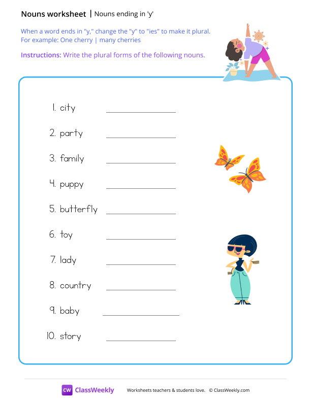 Nouns ending in 'y' worksheet preview