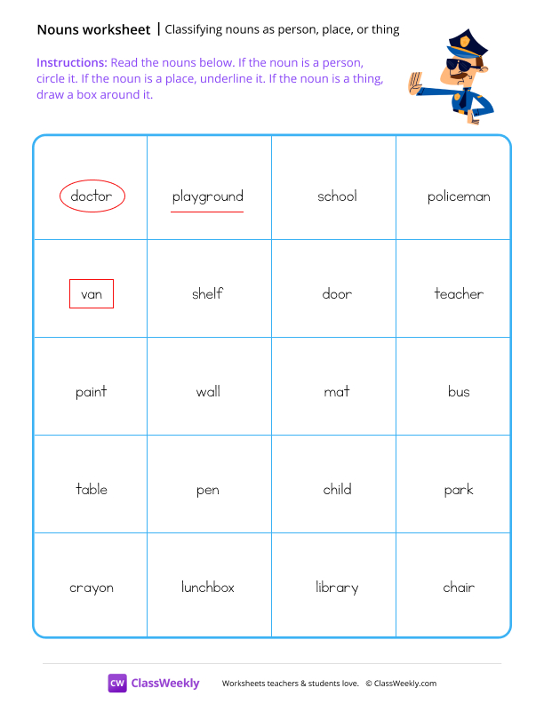 Classifying nouns as person, place, or thing worksheet preview