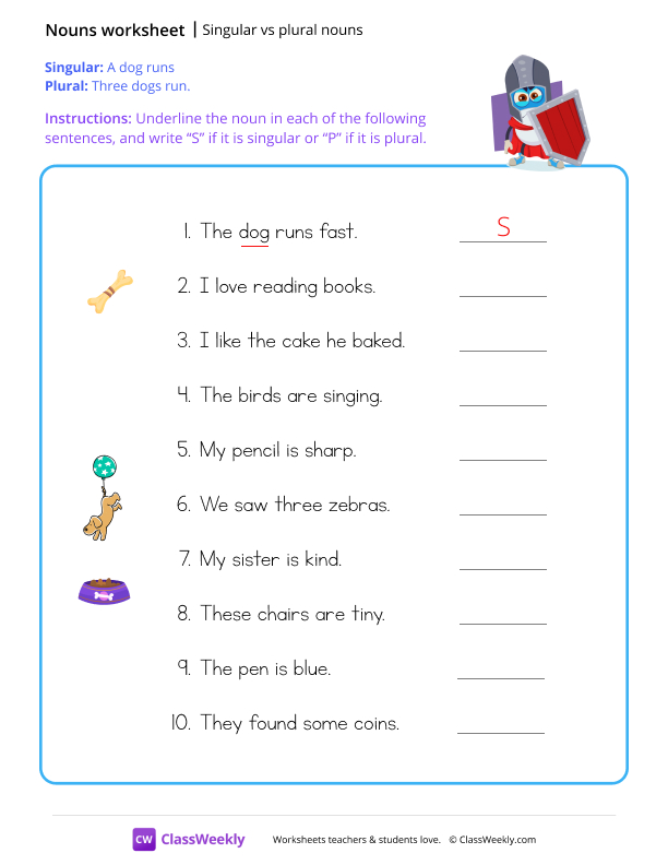 Singular vs plural nouns - Knight worksheet preview