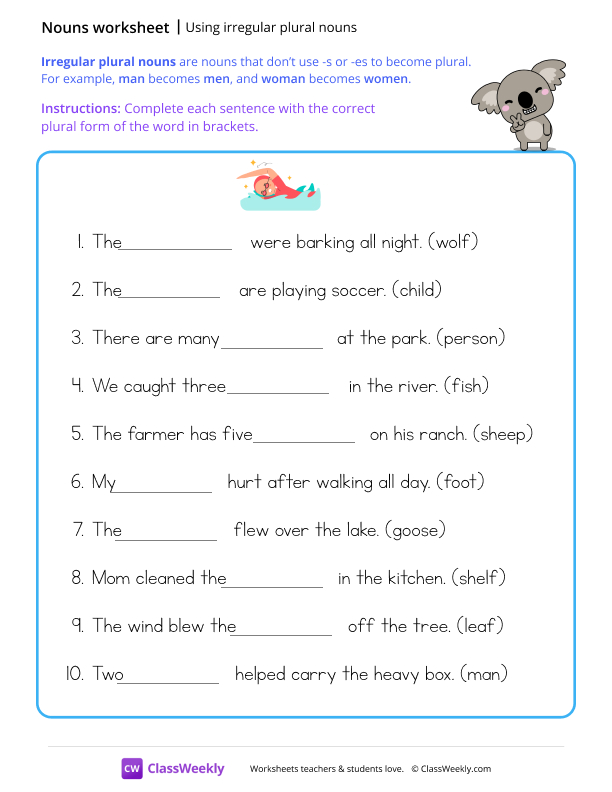 Using irregular plural nouns worksheet preview