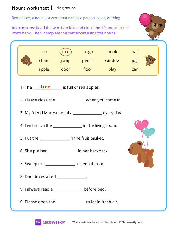 Using nouns - Bear worksheet preview