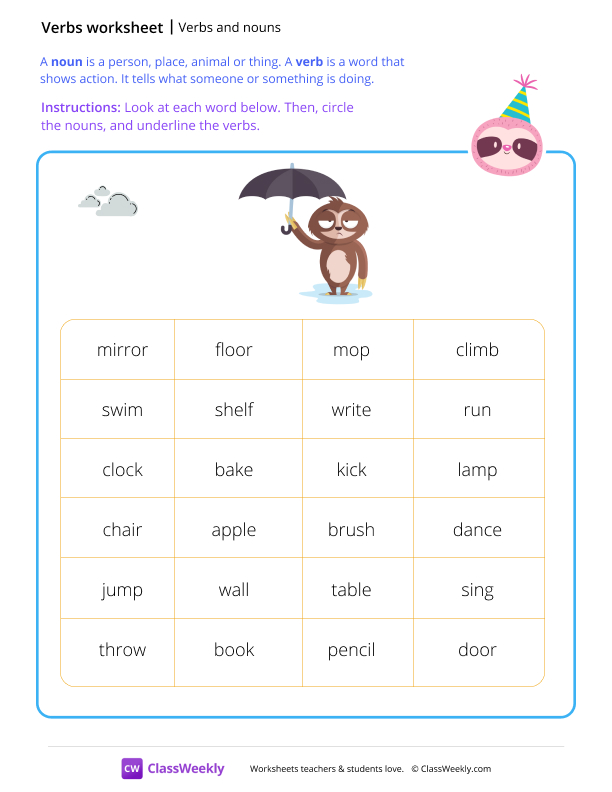 Verbs and nouns - Sloth worksheet preview