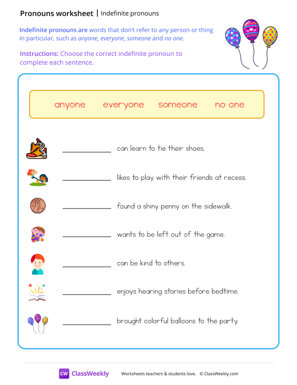 Indefinite pronouns worksheet preview