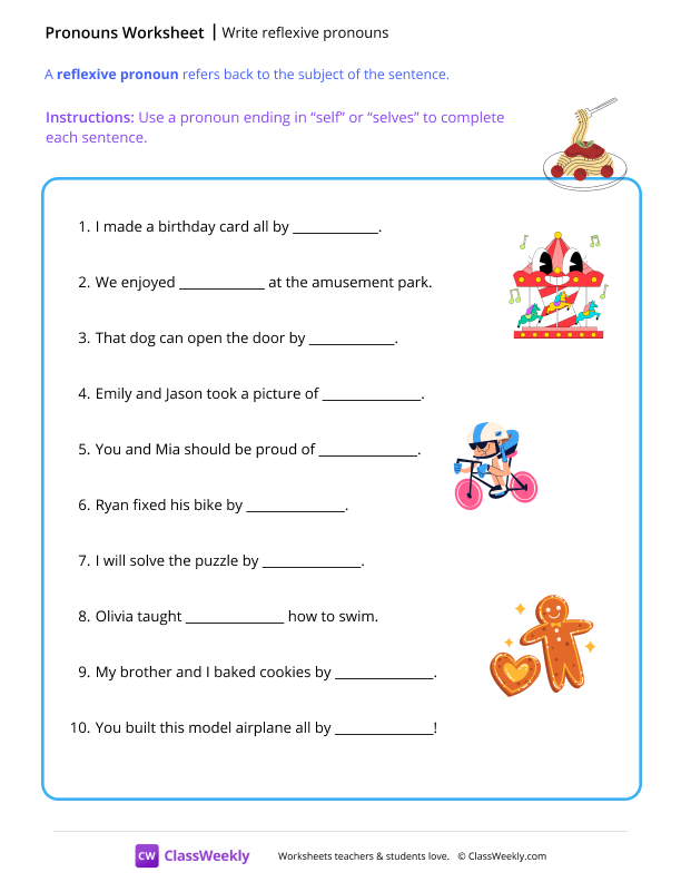 Write reflexive pronouns - Pasta worksheet preview