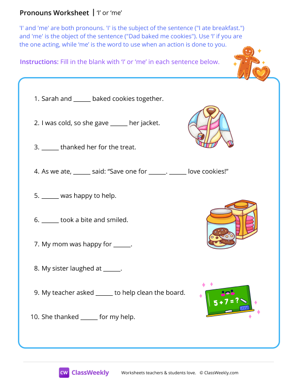 I or me - Cookies worksheet preview