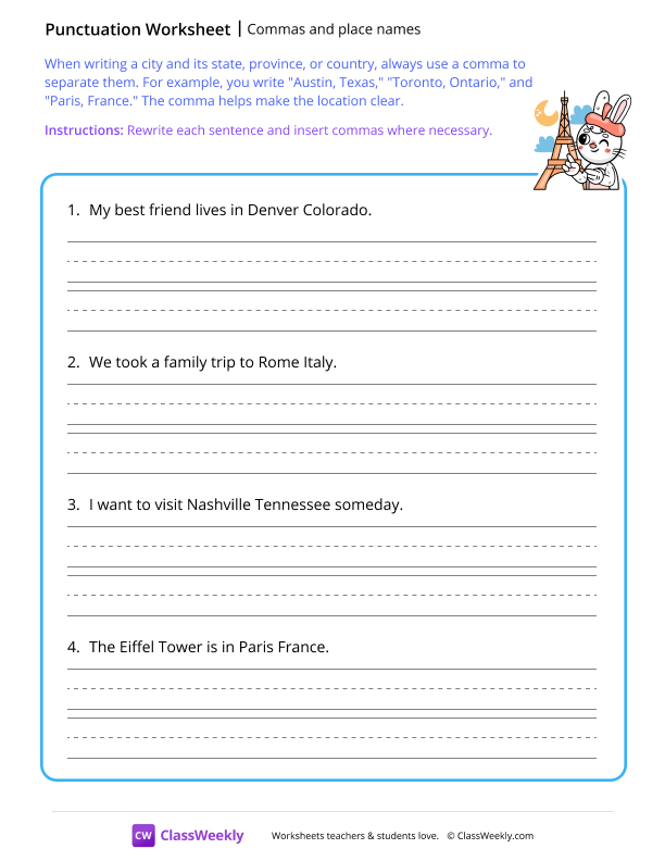 Commas and place names - Eiffel worksheet preview