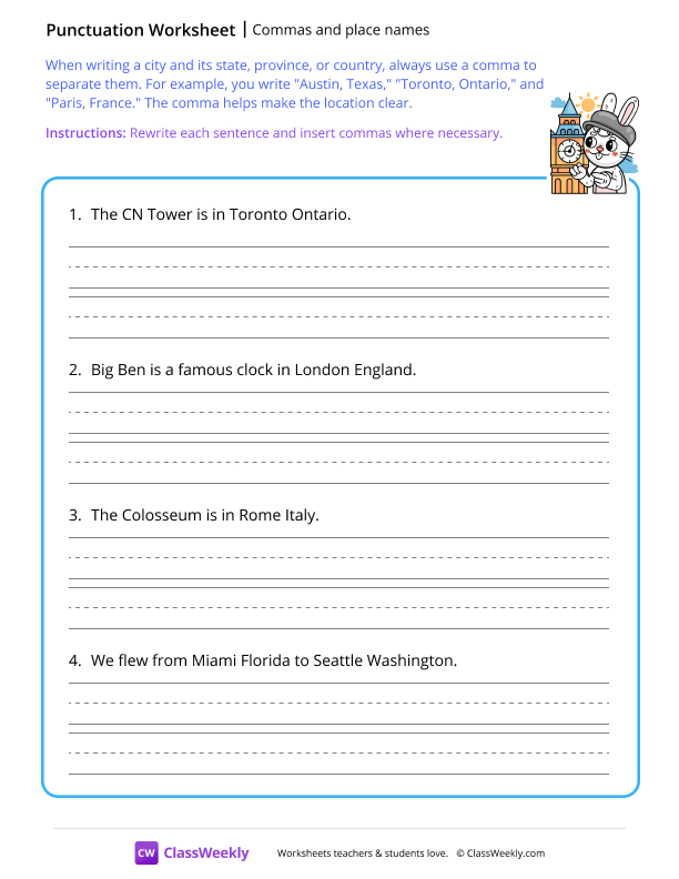 Commas and place names - Big Ben worksheet preview