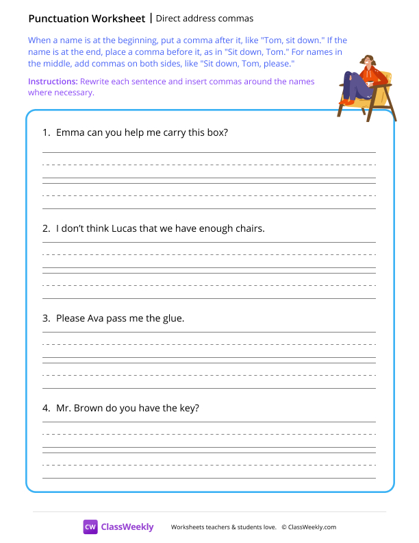 Direct address commas - Seat worksheet preview