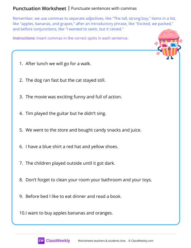 Punctuate sentences with commas - Popcorn worksheet preview