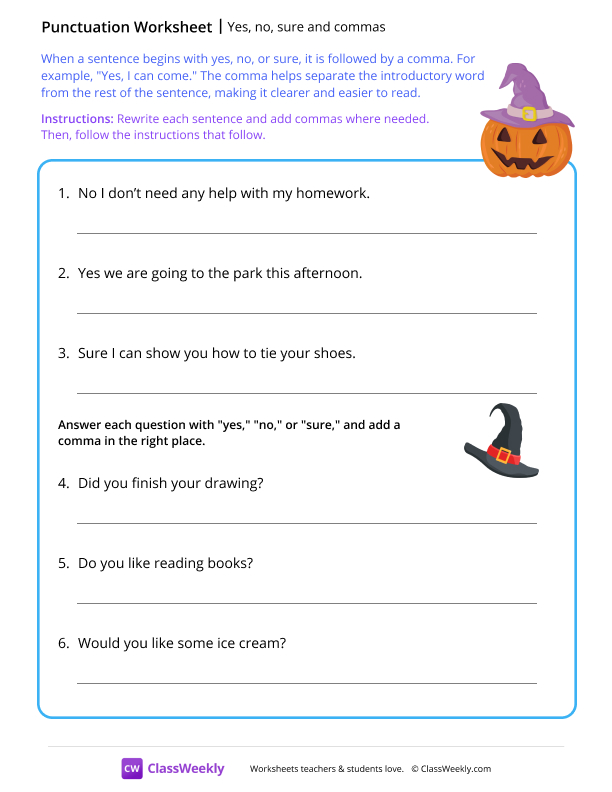 Yes, no, sure and commas worksheet preview