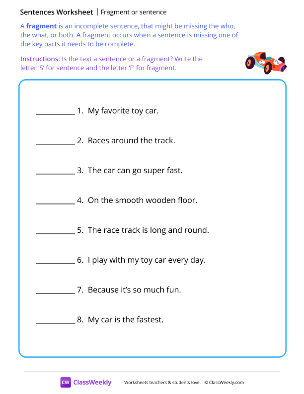Fragment or sentence - Race car worksheet preview