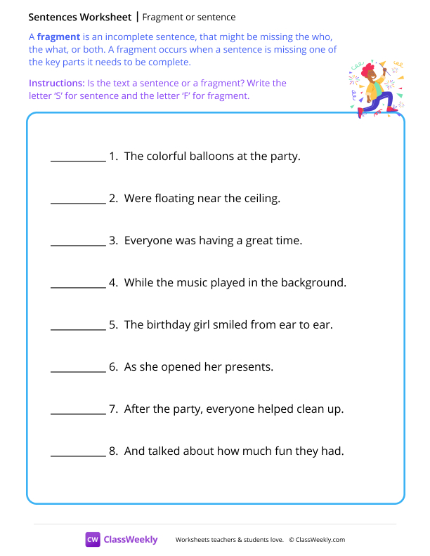Fragment or sentence - Party worksheet preview