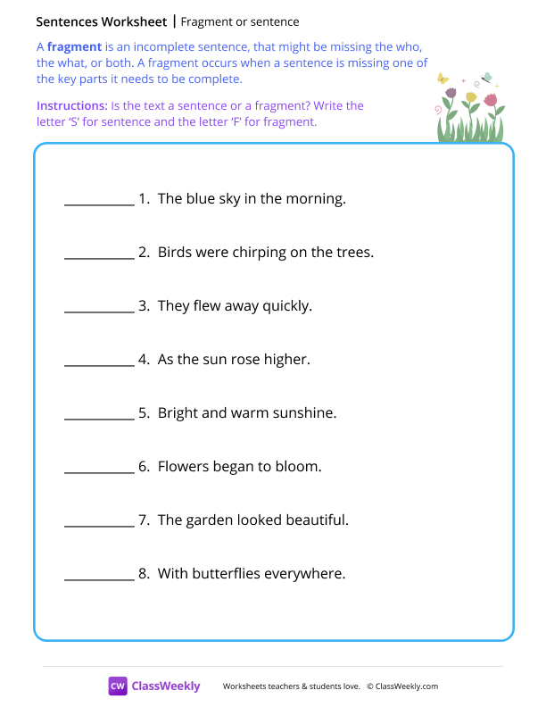 Fragment or sentence - Garden worksheet preview