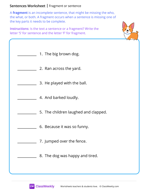 Fragment or sentence - Puppy worksheet preview