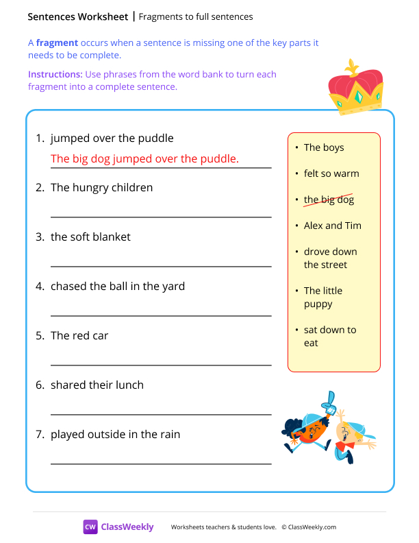 Fragments to full sentences - Crown worksheet preview