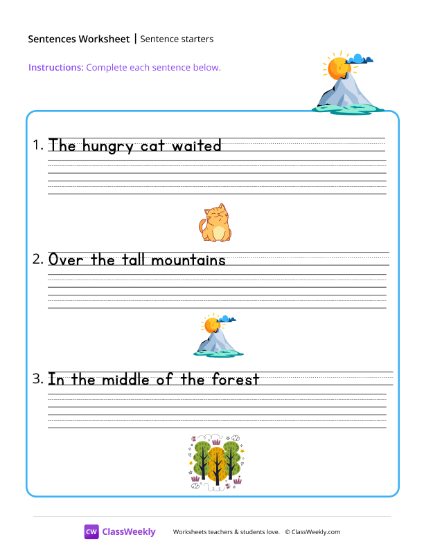 Sentence starters - Mountain worksheet preview