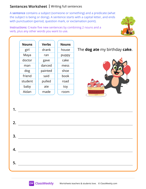 Writing full sentences - Tree worksheet preview