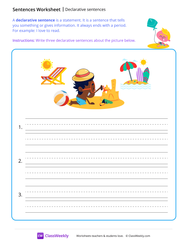 Declarative sentences - Beach worksheet preview