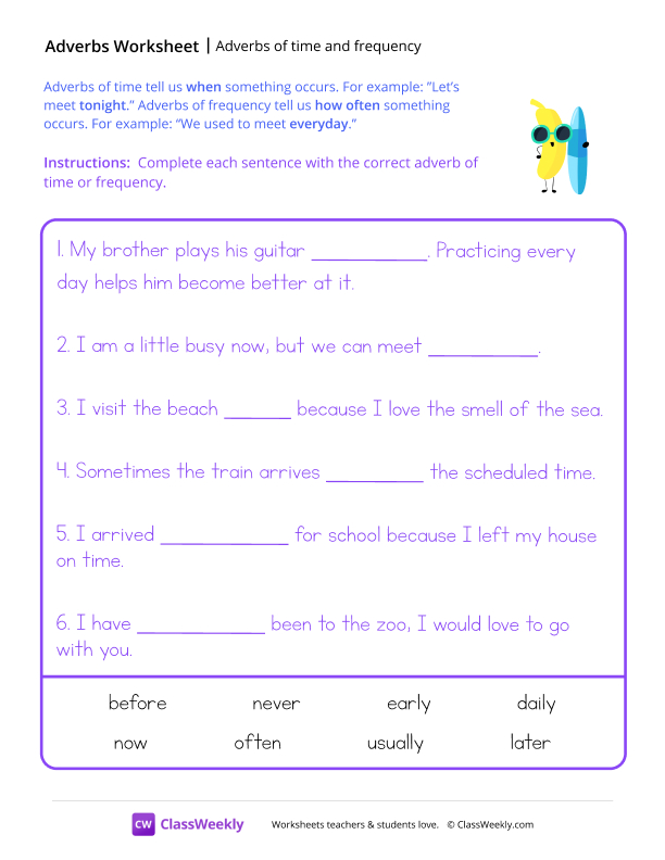 Adverbs of Time and Frequency - Banana Dude worksheet preview