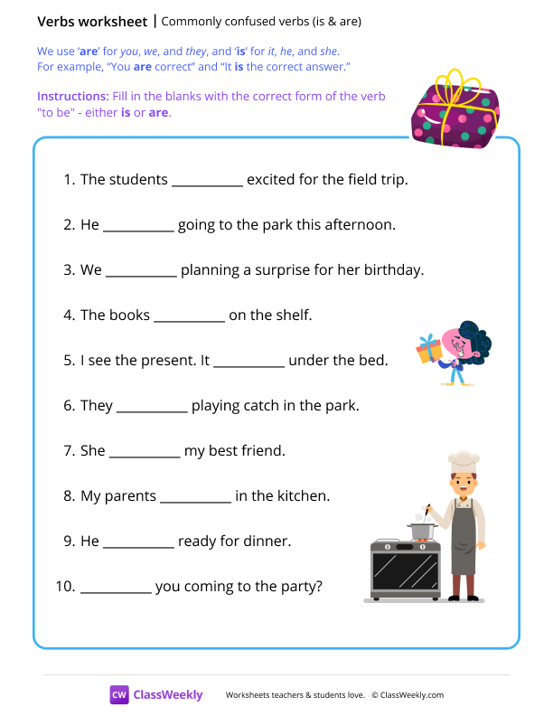 Commonly confused verbs - is & are worksheet preview