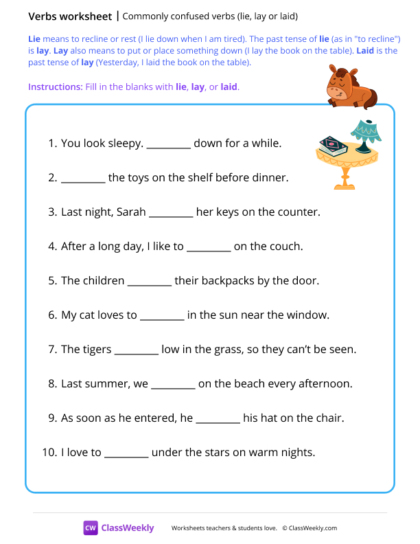 Commonly confused verbs - lie, lay or laid worksheet preview