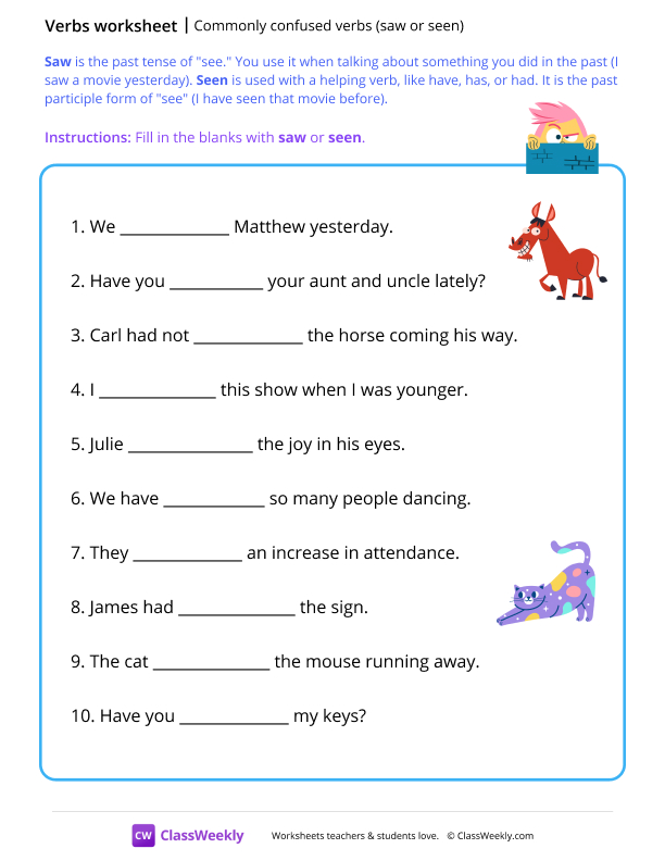 Commonly confused verbs - Saw or seen worksheet preview
