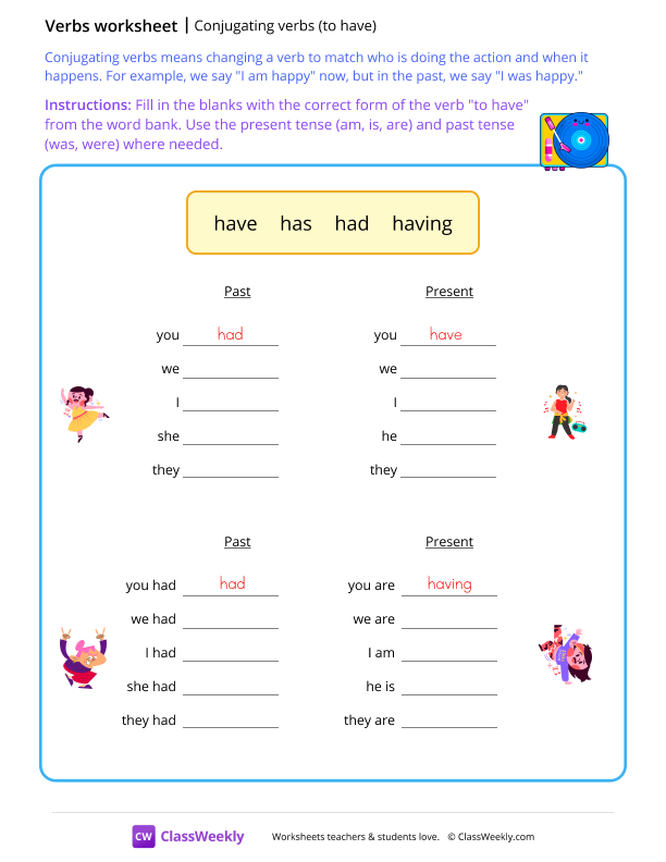 Conjugating verbs - To have worksheet preview