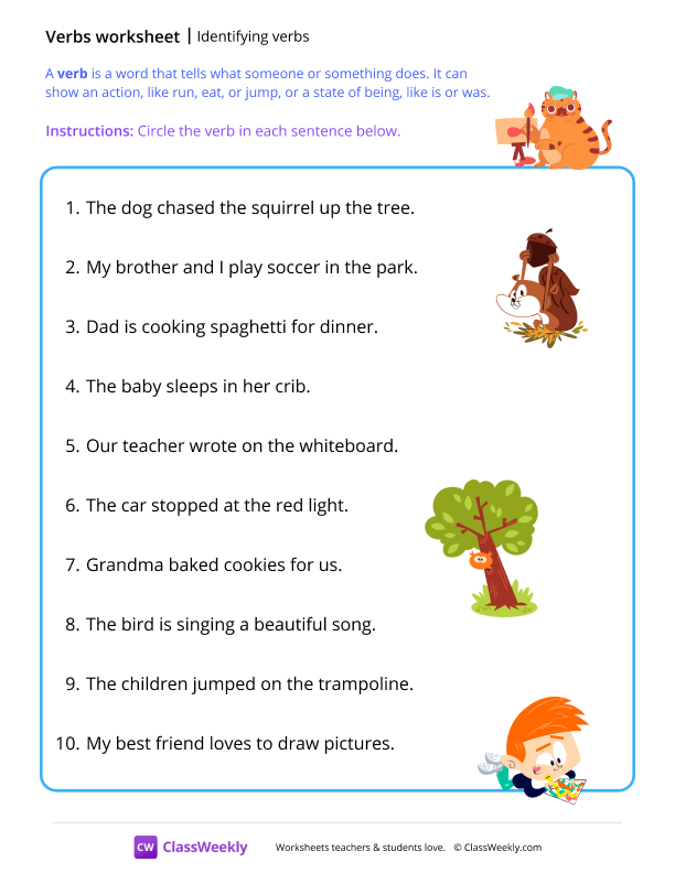 Identifying verbs - Painting worksheet preview