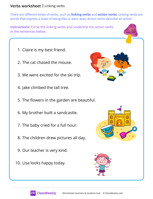 Linking verbs - Mushroom worksheet preview